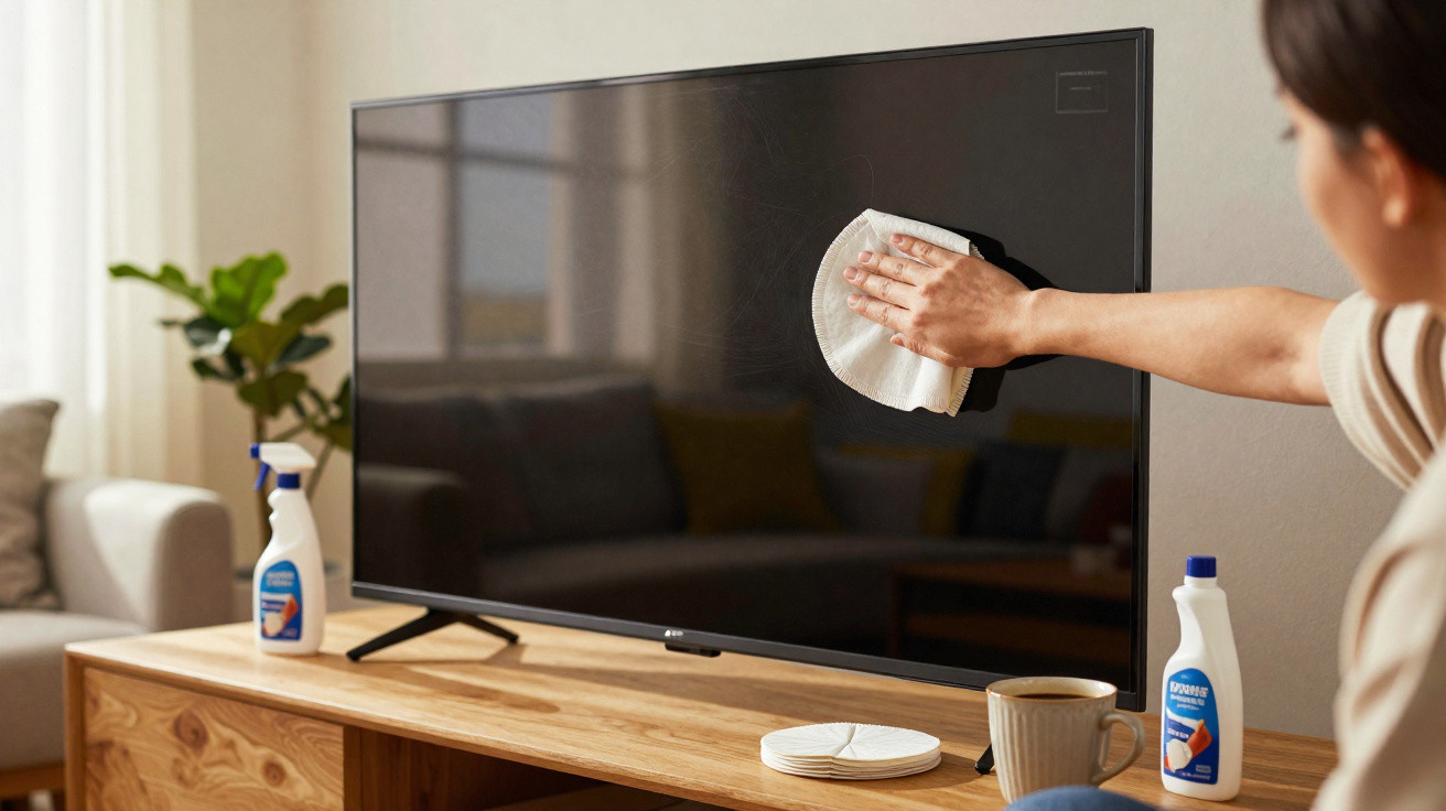 Pessoa a limpar a televisão com um pano branco numa sala moderna e luminosa.