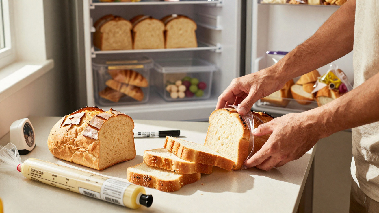 Pessoa a fatiar pão branco na cozinha com frigorífico aberto cheio de pão ao fundo.