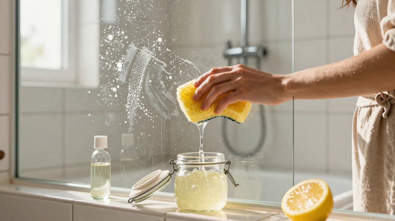 Mão a espremer esponja com líquido transparente sobre frasco junto a janela e limão cortado na casa de banho.