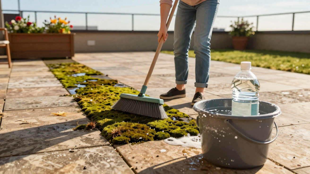 Pessoa a varrer musgo num terraço com balde e garrafa de água ao lado num dia ensolarado.