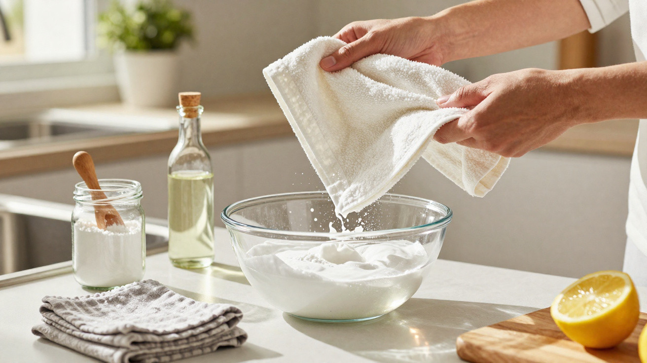 Mãos torcendo um pano branco sobre uma taça com bicarbonato, com limão e óleo à volta numa cozinha.