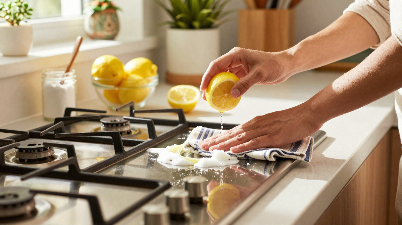 Pessoa a espremer limão sobre um fogão para limpar gordura com um pano na cozinha.