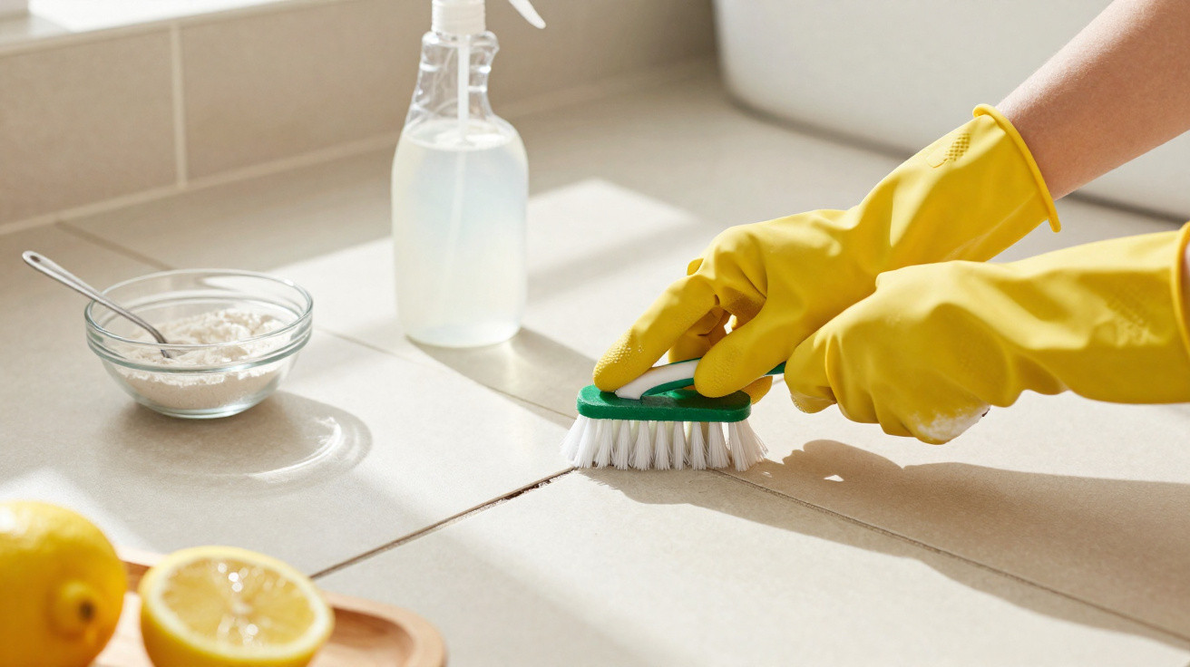 Mãos com luvas amarelas a esfregar azulejos com escova, ao lado de limão, spray e produto de limpeza.