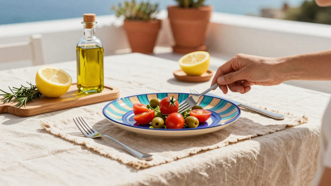 Pessoa a comer salada de tomate e azeitonas num prato colorido numa mesa ao ar livre com limão e azeite.
