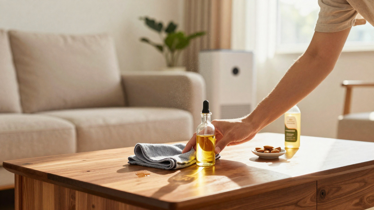 Pessoa a limpar uma mesa de madeira com um pano e óleo, ambiente doméstico com sofá ao fundo.