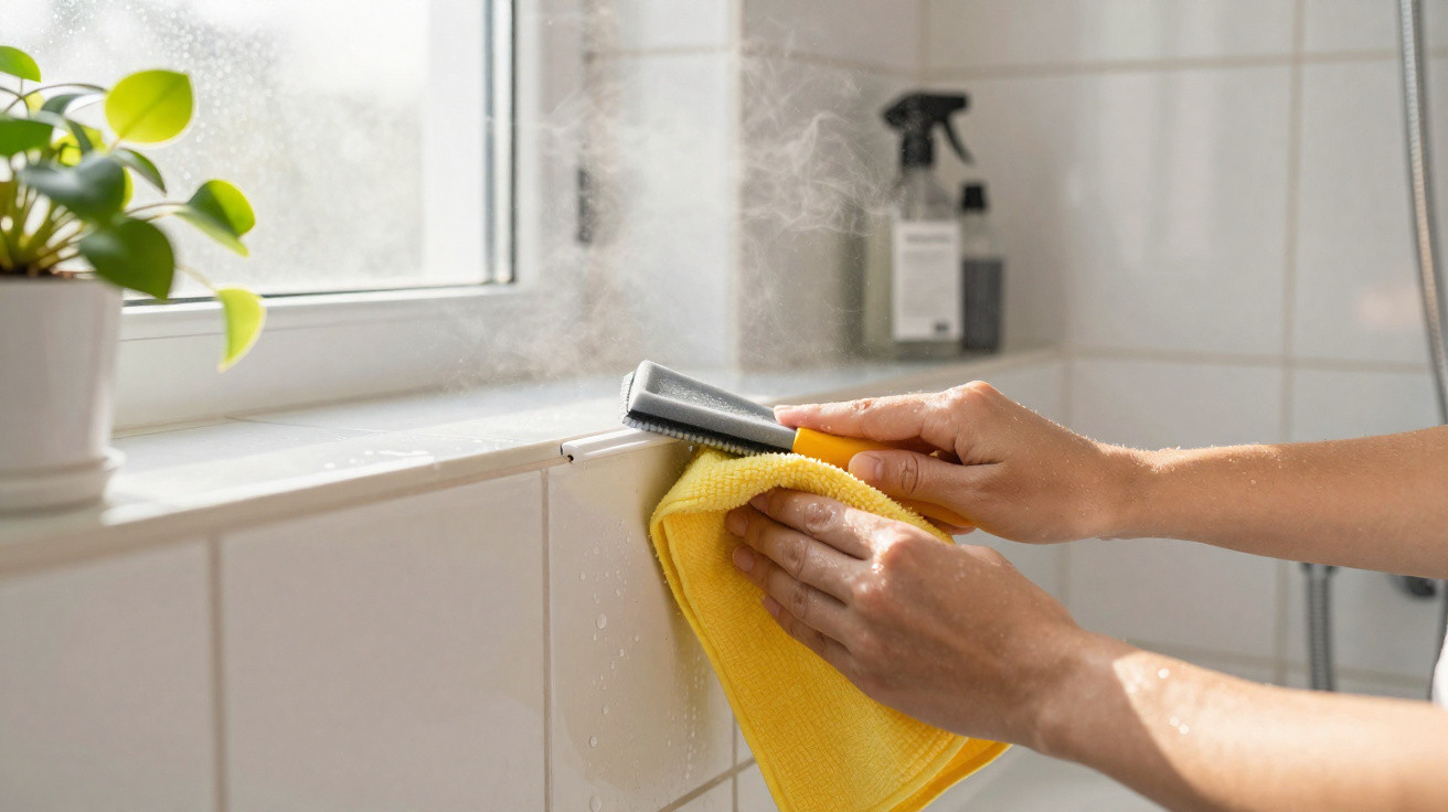Mãos a limpar azulejos de casa de banho com pano amarelo e escova, vapor no ambiente.
