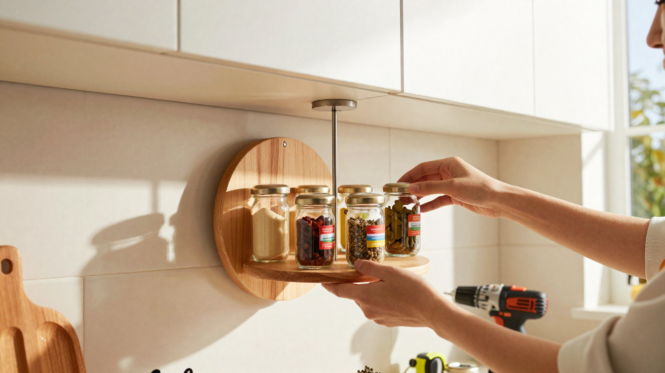 Pessoa a organizar frascos de especiarias numa prateleira giratória de madeira numa cozinha luminosa.