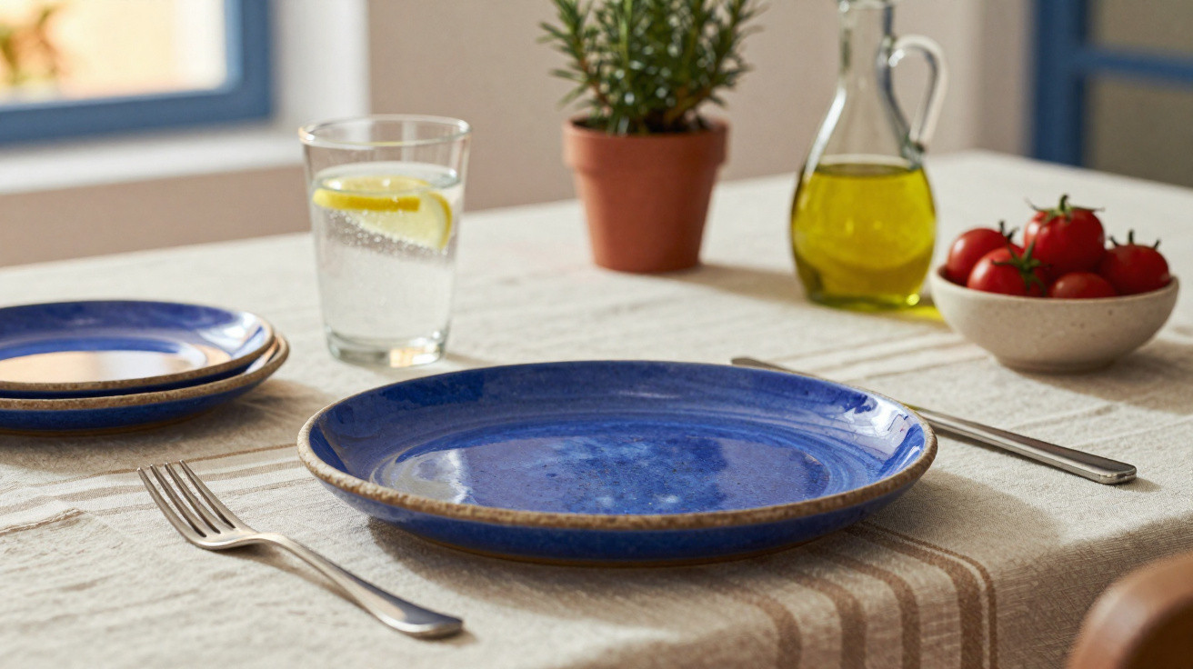 Mesa posta com prato azul, talheres, copo com água e limão, azeite, tomates cherry e planta verde.