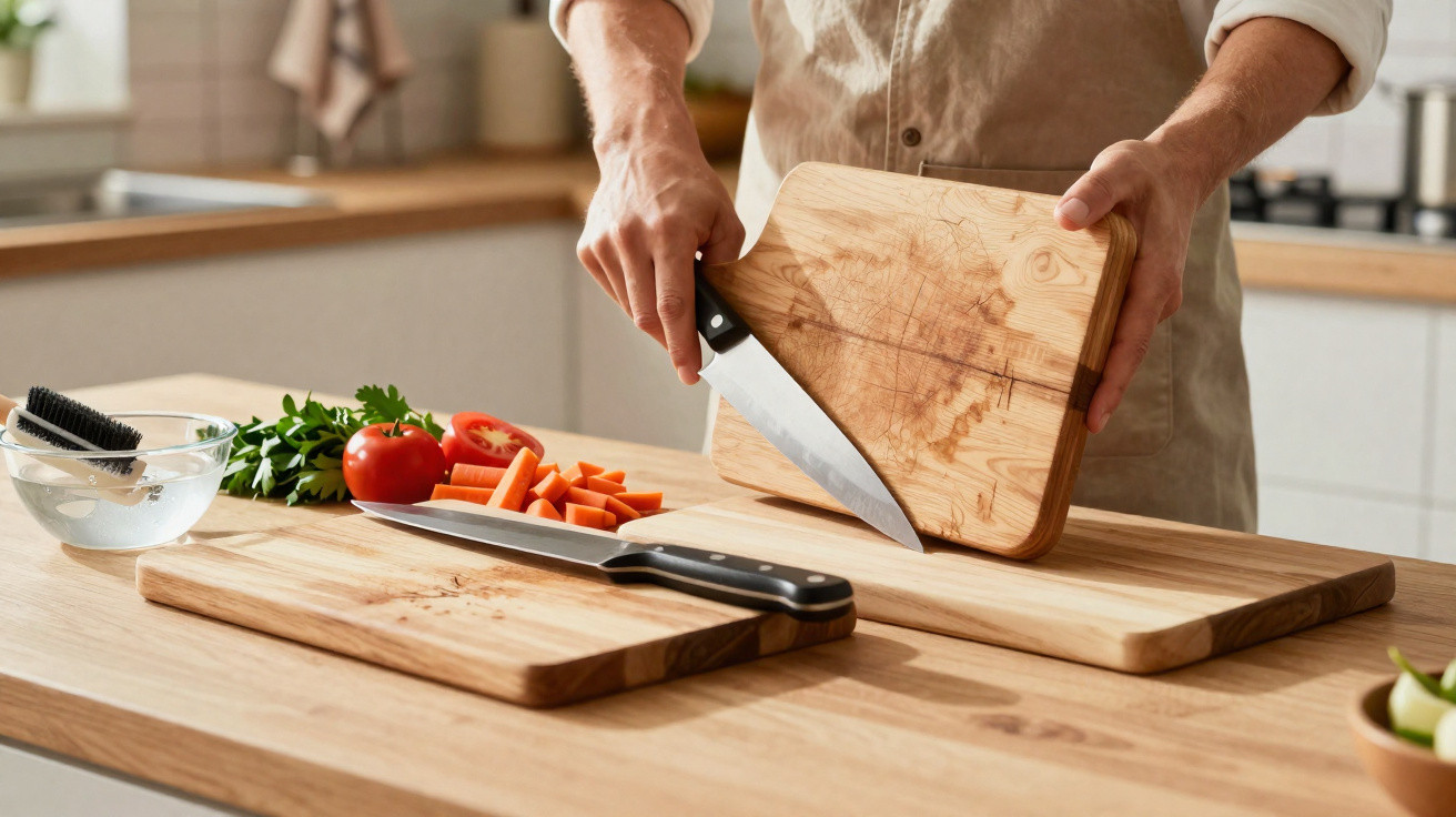 Pessoa a limpar uma tábua de cortar madeira numa cozinha moderna com legumes frescos ao lado.