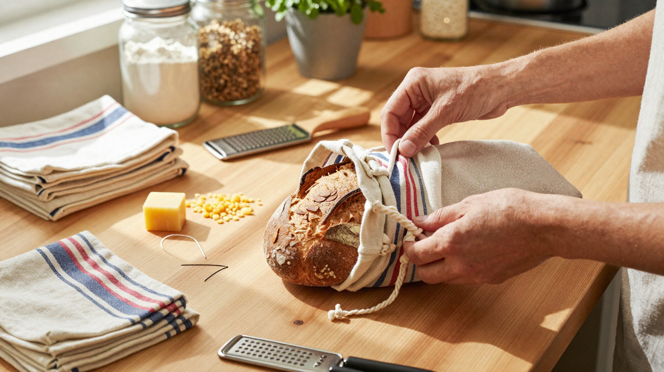 Pessoa a guardar pão numa saco reutilizável numa cozinha com ingredientes e utensílios sobre a bancada.