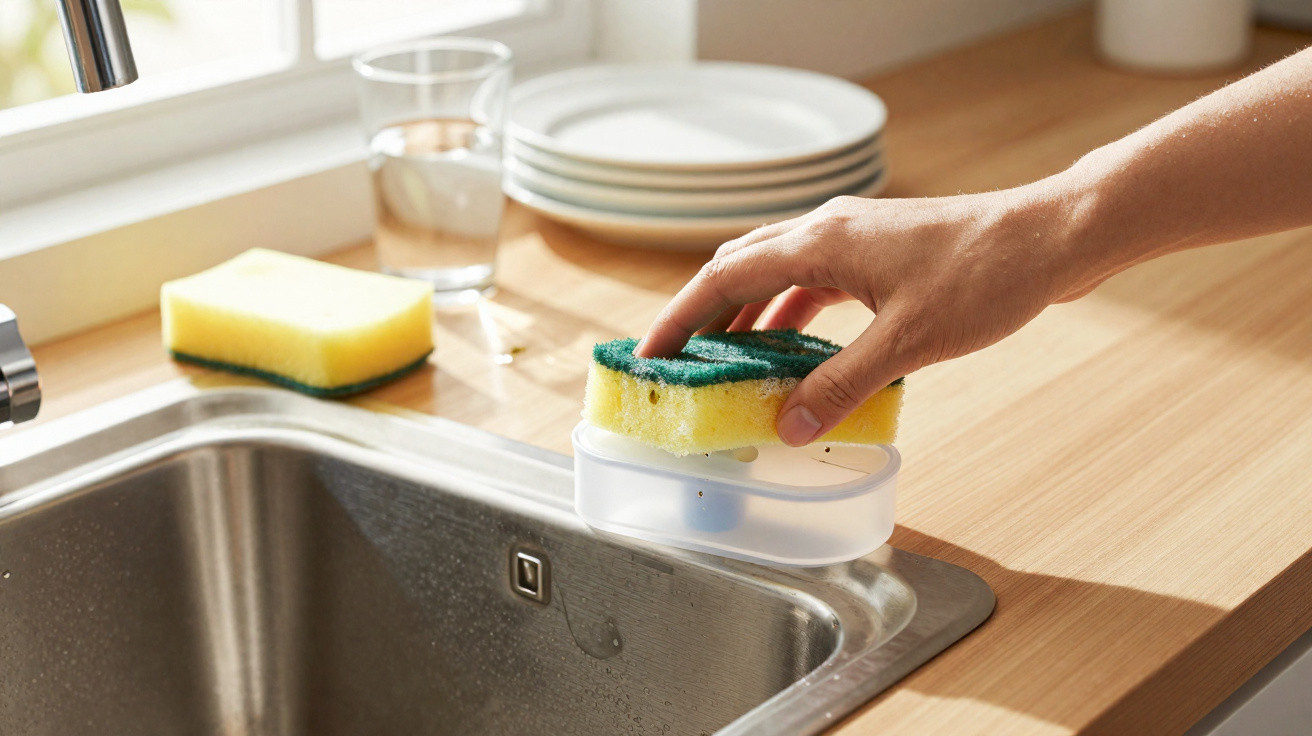 Mão a segurar uma esponja amarela e verde sobre suporte transparente junto a uma pia de cozinha.
