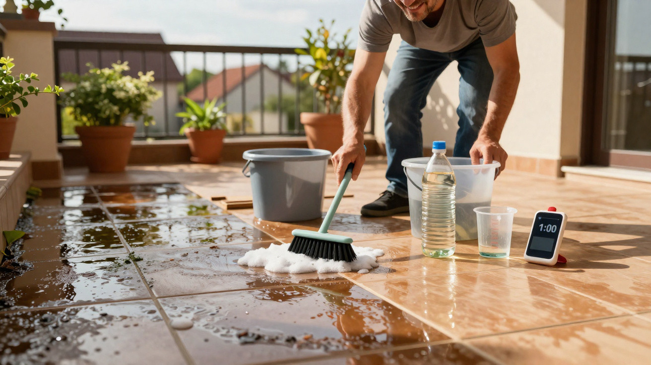 Homem a esfregar chão de cerâmica com esfregona numa varanda ensolarada com plantas.