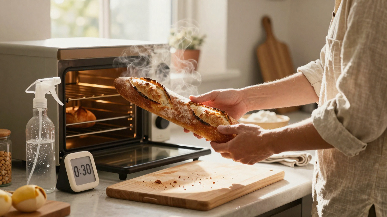 Pessoa a retirar pão quente e fumegante de um forno de bancada numa cozinha iluminada.