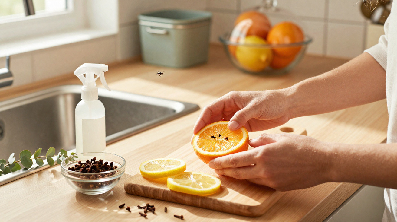 Pessoa a cortar limões e uma laranja com moscas perto, numa cozinha com bancada de madeira clara.