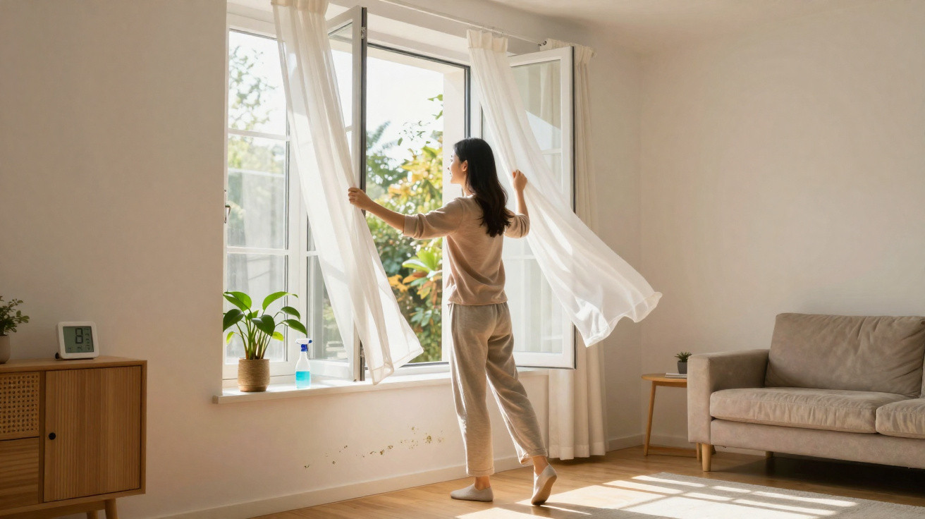 Mulher abre cortinas brancas numa sala iluminada com sofá, mesa, planta e janela aberta para o exterior.