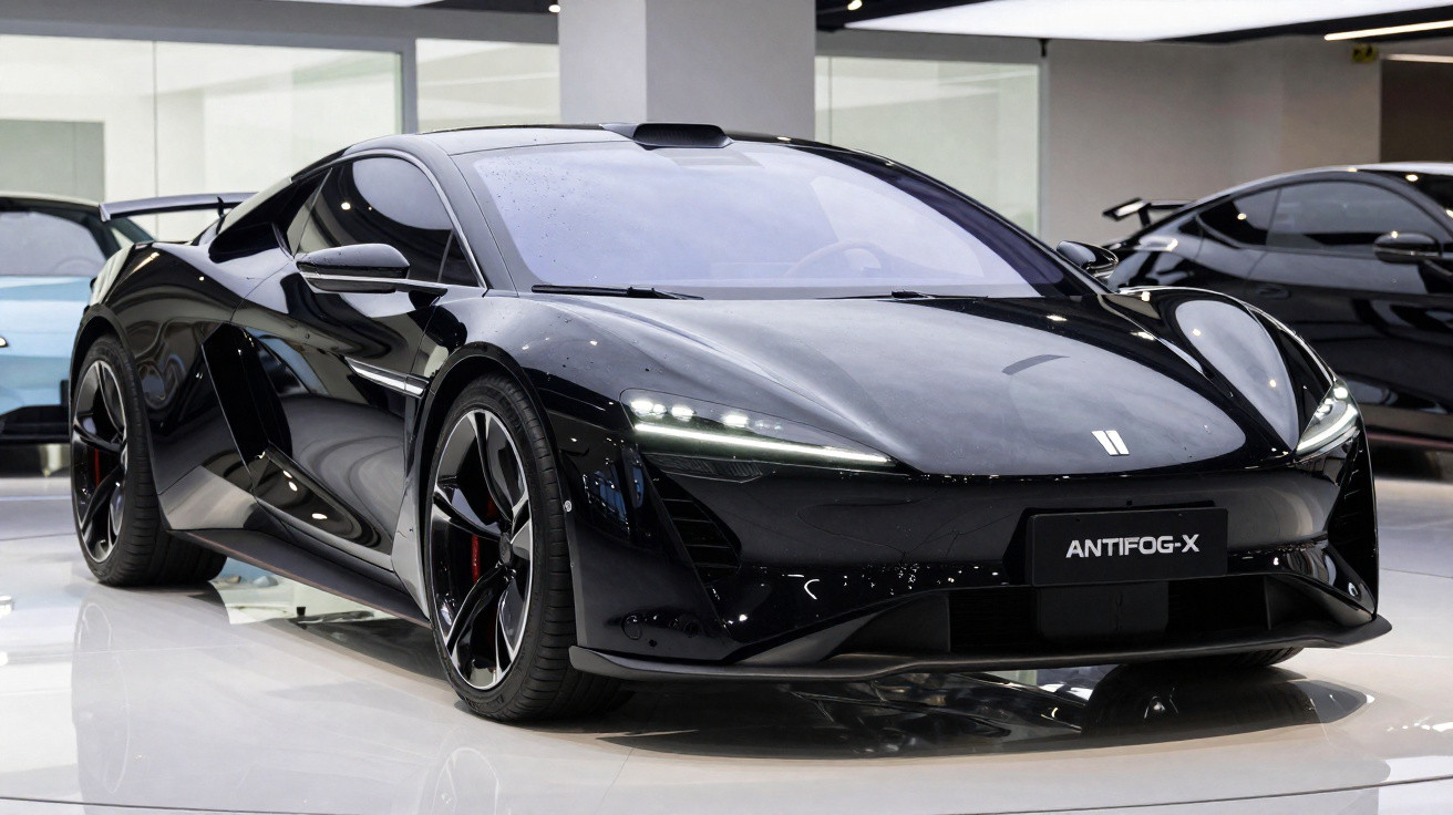Carro desportivo preto com design aerodinâmico exposto em salão automóvel moderno.