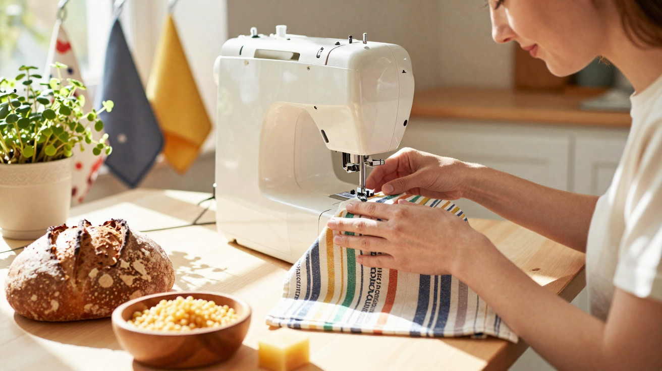 Pessoa a coser tecido às riscas numa máquina de costura branca numa cozinha iluminada.