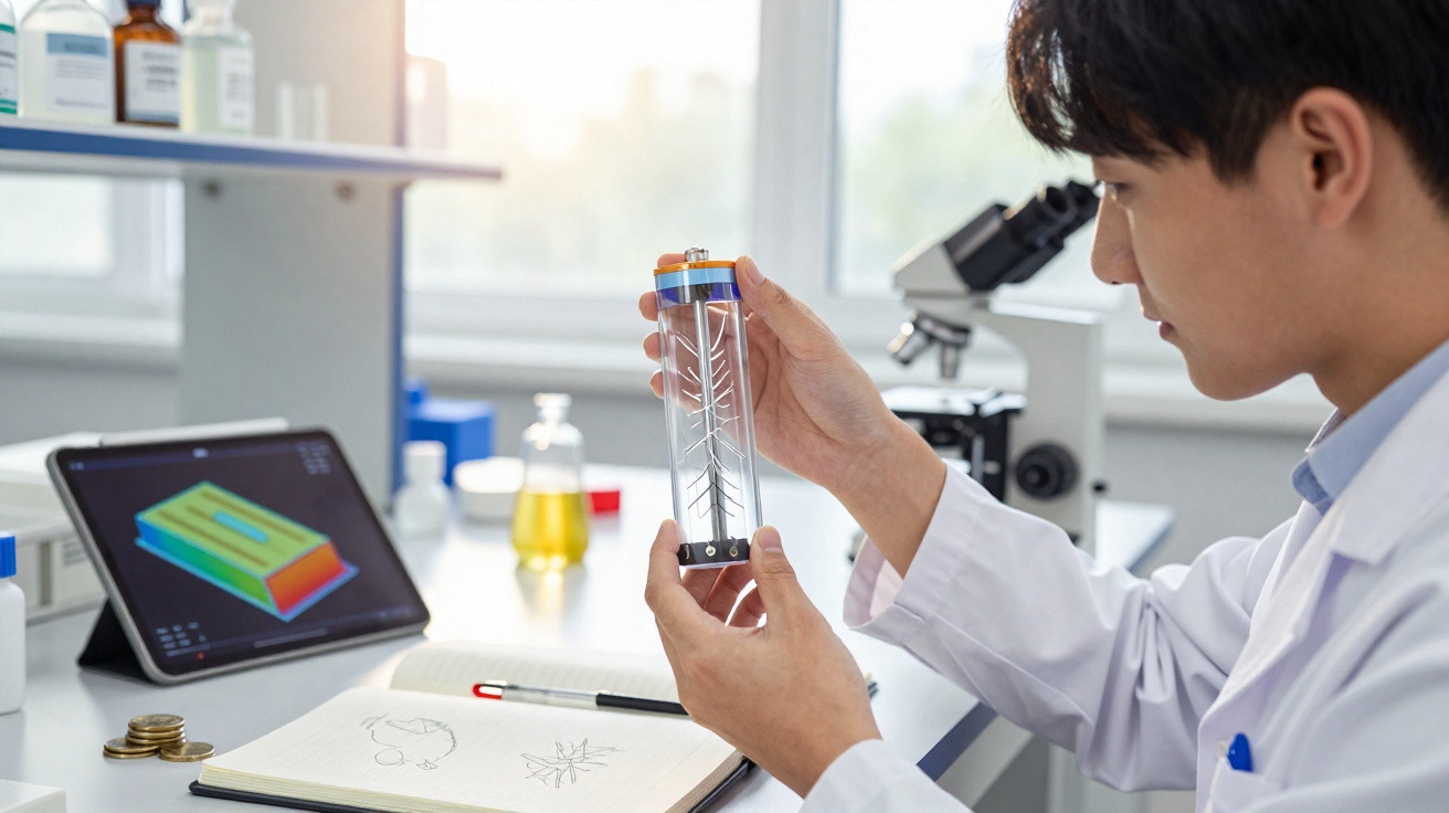 Cientista de bata branca a analisar dispositivo transparente com marcações num laboratório.