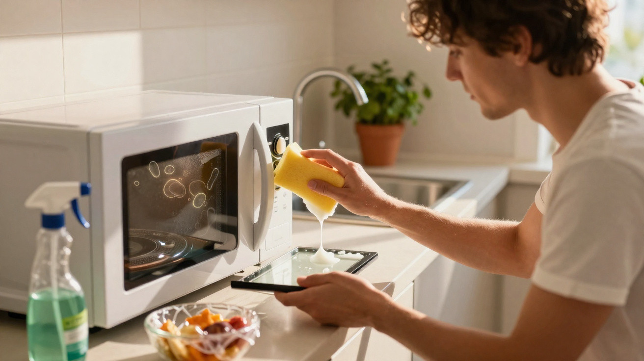 Homem a limpar o painel de controlo do micro-ondas com uma esponja amarela na cozinha.