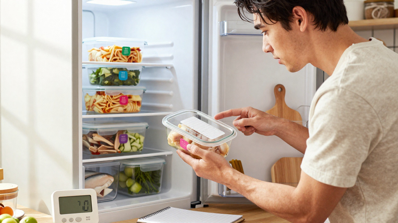 Homem a guardar ou retirar recipiente de comida rotulada de frigorífico organizado com refeições preparadas.