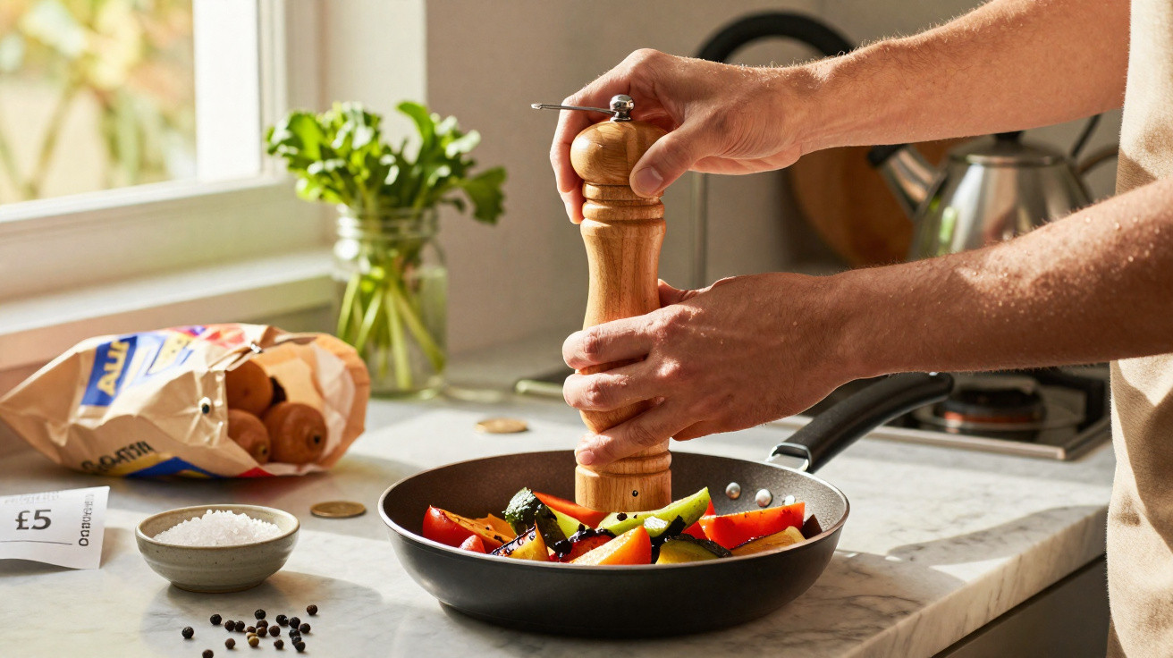 Pessoa a temperar legumes numa frigideira com moedor de pimenta numa cozinha iluminada pela janela.