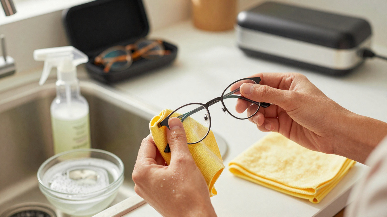 Pessoa a limpar óculos com um pano amarelo numa cozinha com produtos de limpeza e estojo para óculos.