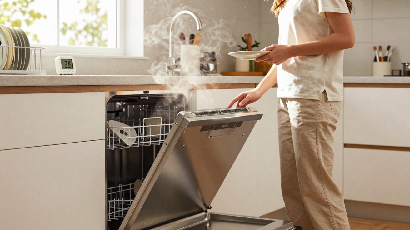Pessoa a retirar loiça quente de uma máquina de lavar loiça aberta numa cozinha moderna.