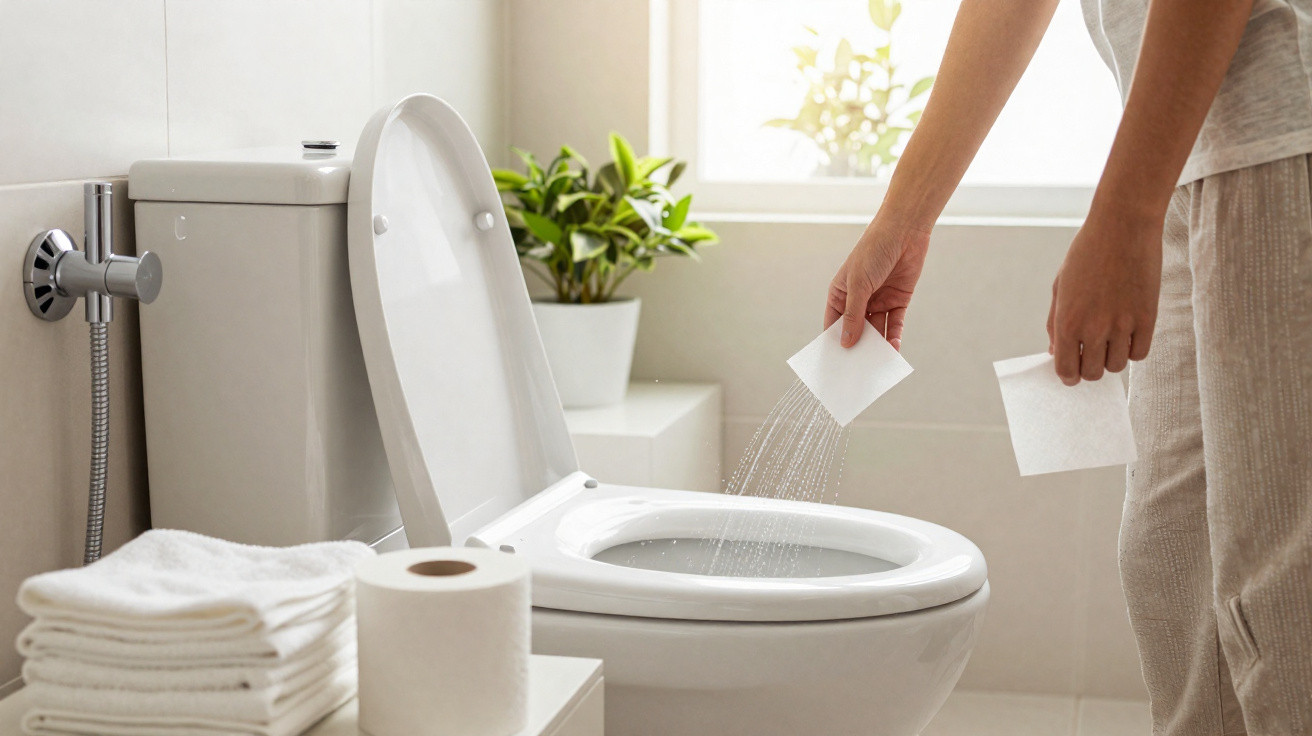Pessoa a deitar produtos de limpeza na sanita branca num wc luminoso com toalhas e papel higiénico à vista.