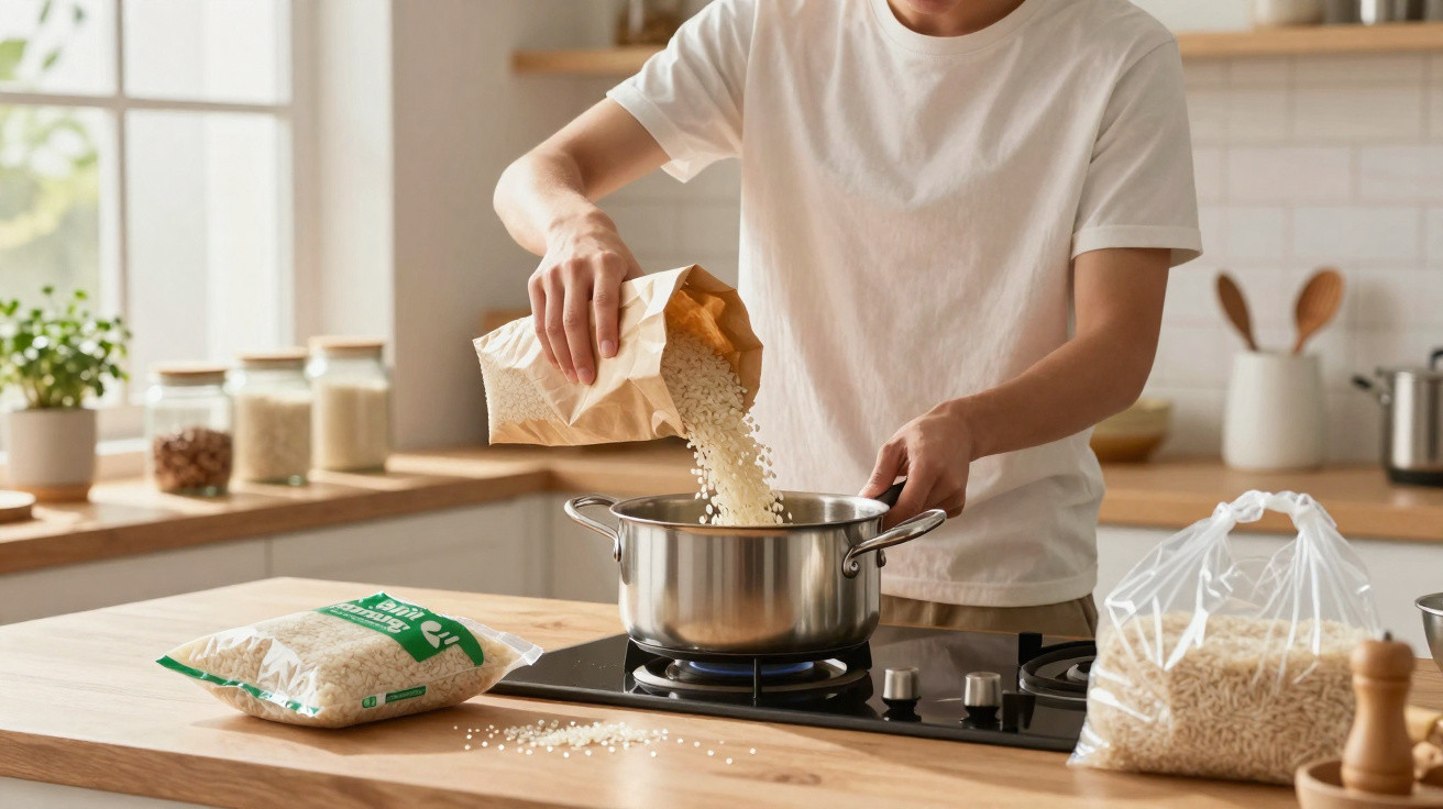 Pessoa a verter arroz de papel para panela numa cozinha moderna iluminada por luz natural.