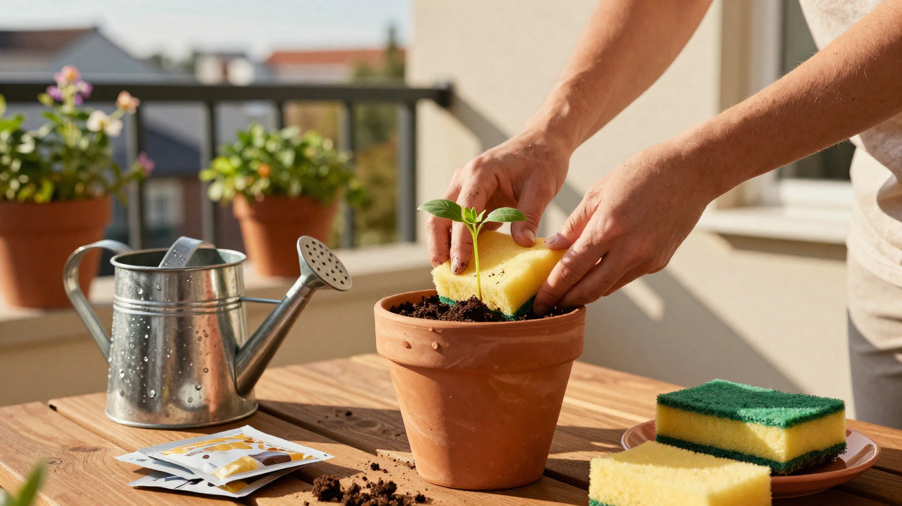 Pessoa a cuidar de planta jovem num vaso de barro, usando uma esponja amarelo e verde.