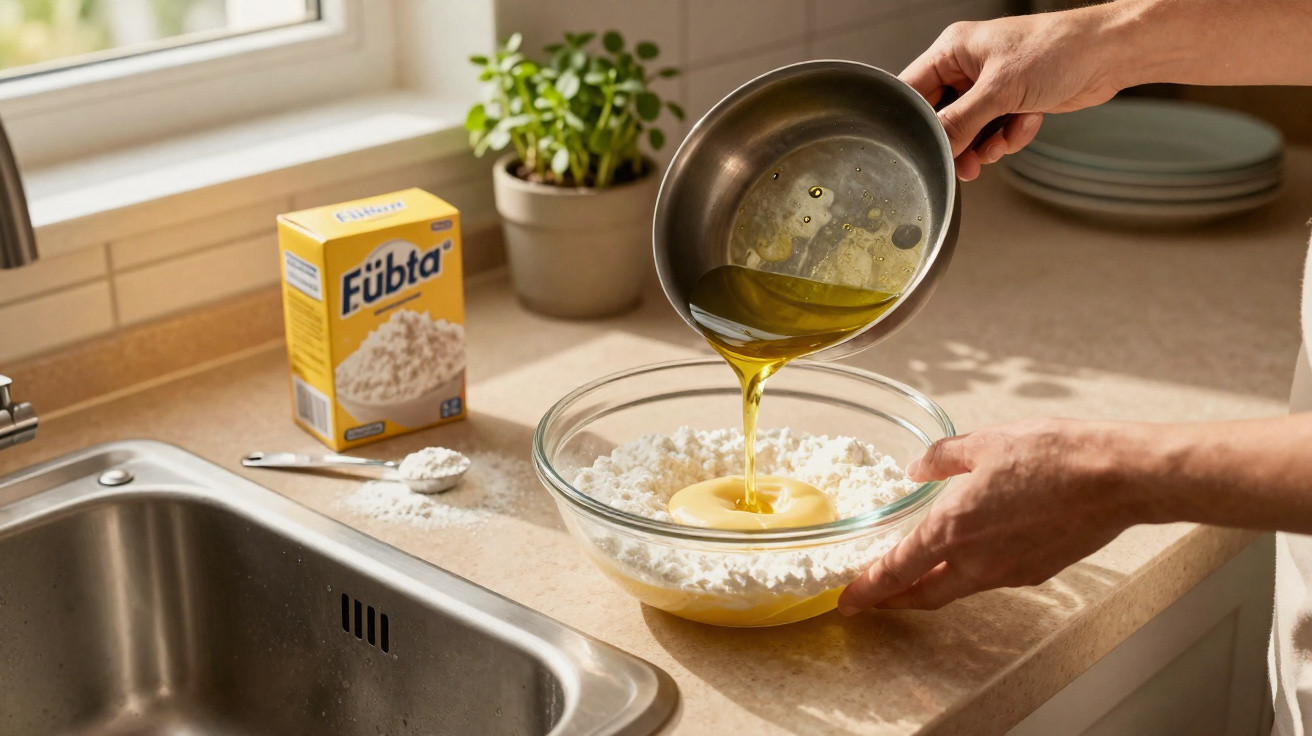 Mãos a verter óleo de uma panela para uma taça com farinha, num balcão de cozinha perto de uma pia.