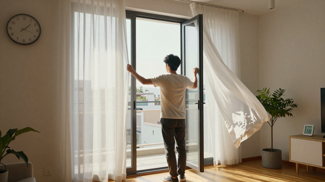 Pessoa a abrir uma porta de vidro para varanda com cortinas brancas a esvoaçar num apartamento iluminado.