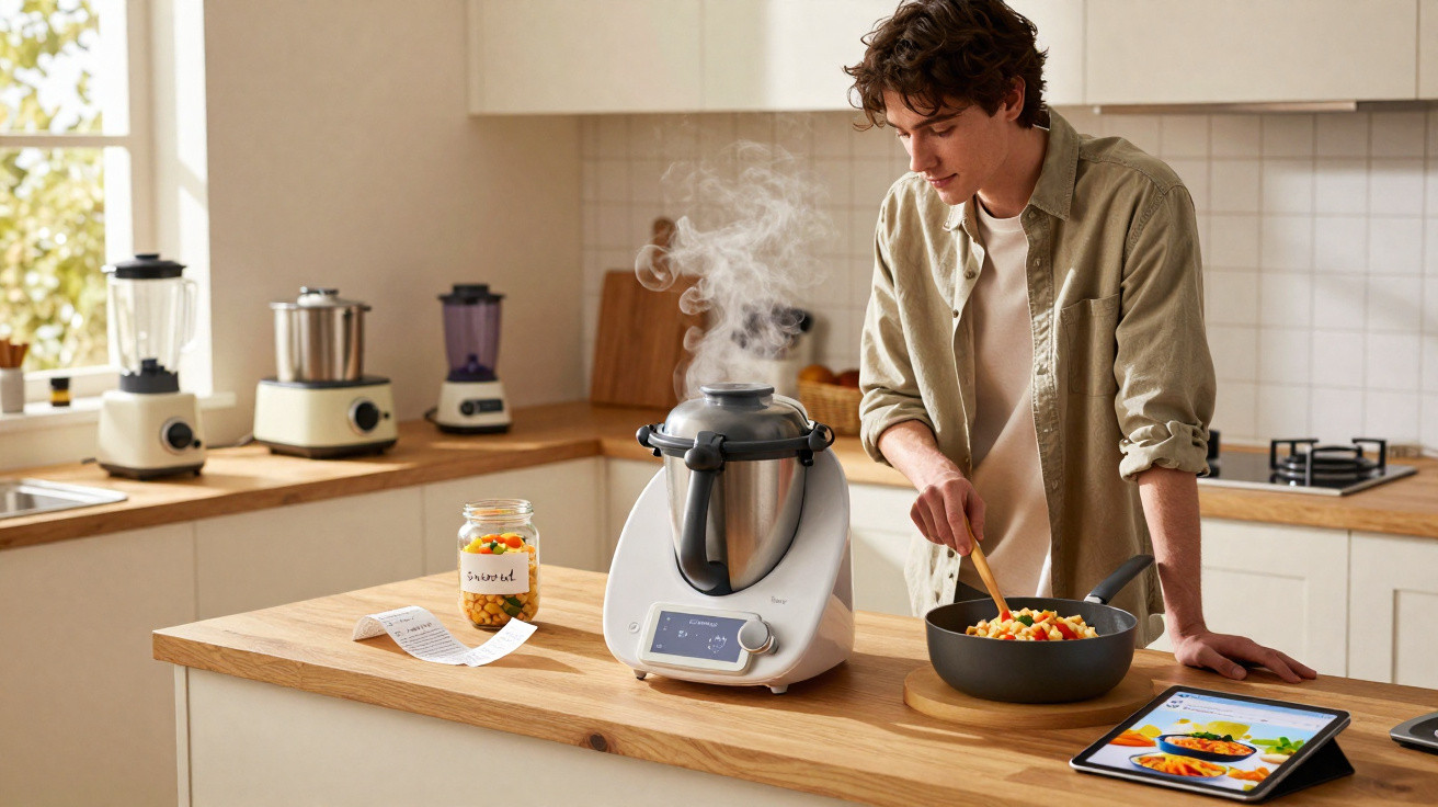 Jovem cozinha na cozinha moderna com robot de cozinha a vapor e segue receita digital num tablet.