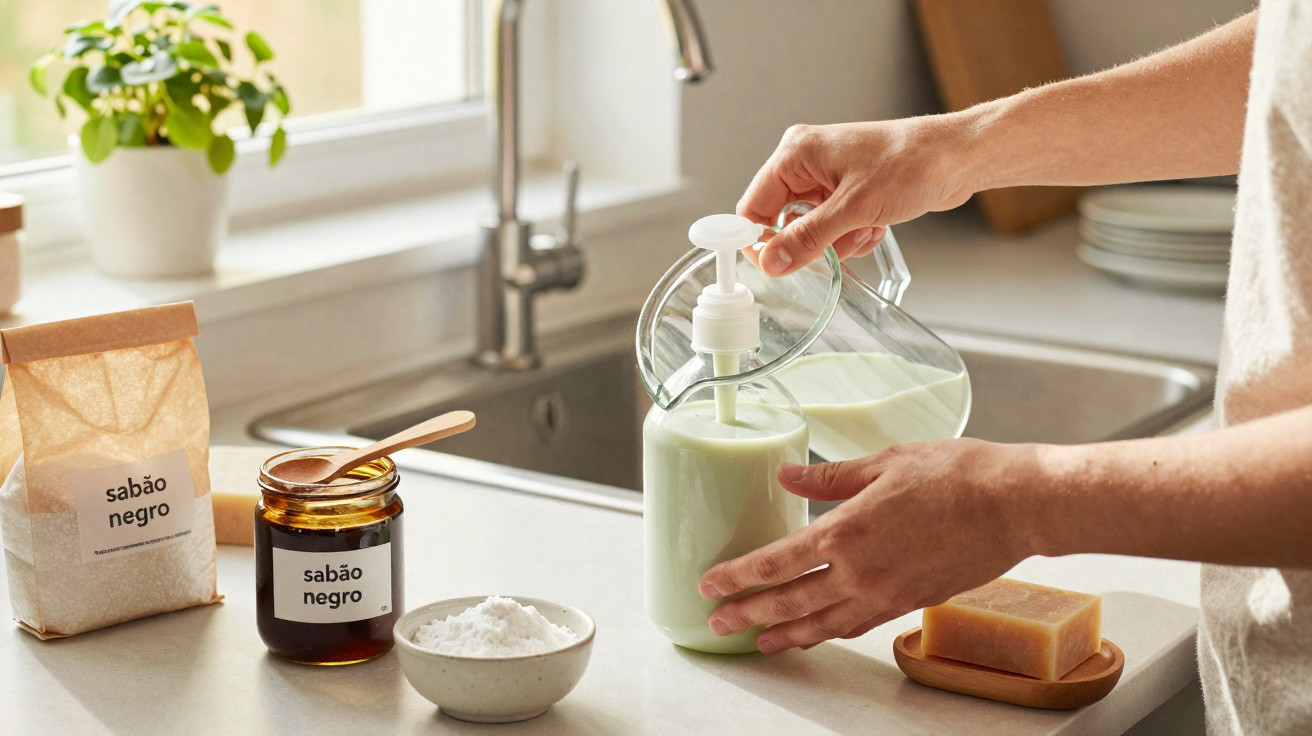 Mãos a preparar detergente líquido caseiro na cozinha com ingredientes naturais e sabonete sólido.