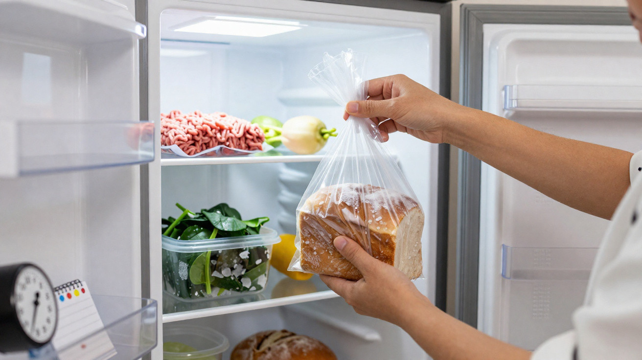 Mãos a guardar pão fatiado dentro de saco plástico num frigorífico aberto com alimentos frescos.