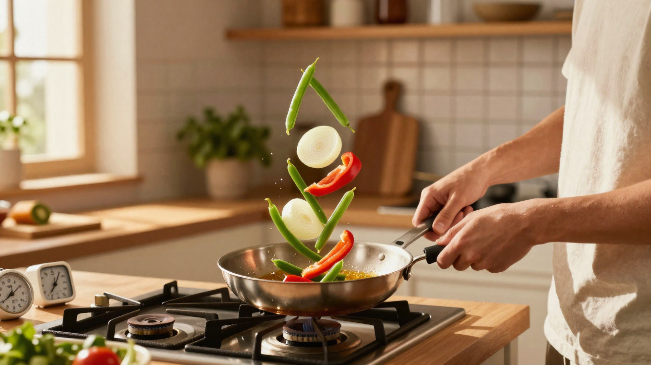 Pessoa a cozinhar legumes frescos a saltar numa frigideira numa cozinha iluminada.