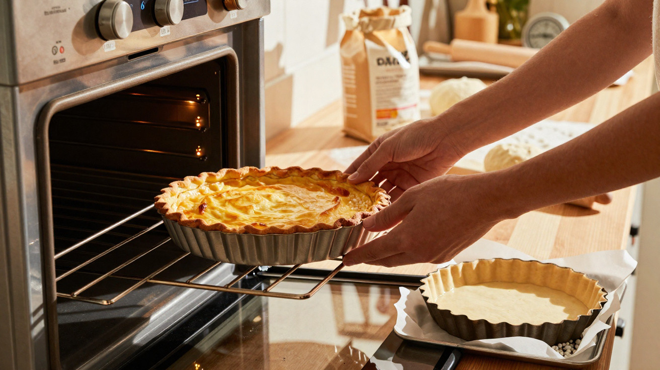 Mãos retiram uma tarte dourada acabada de cozer de um forno aberto numa cozinha iluminada pelo sol.