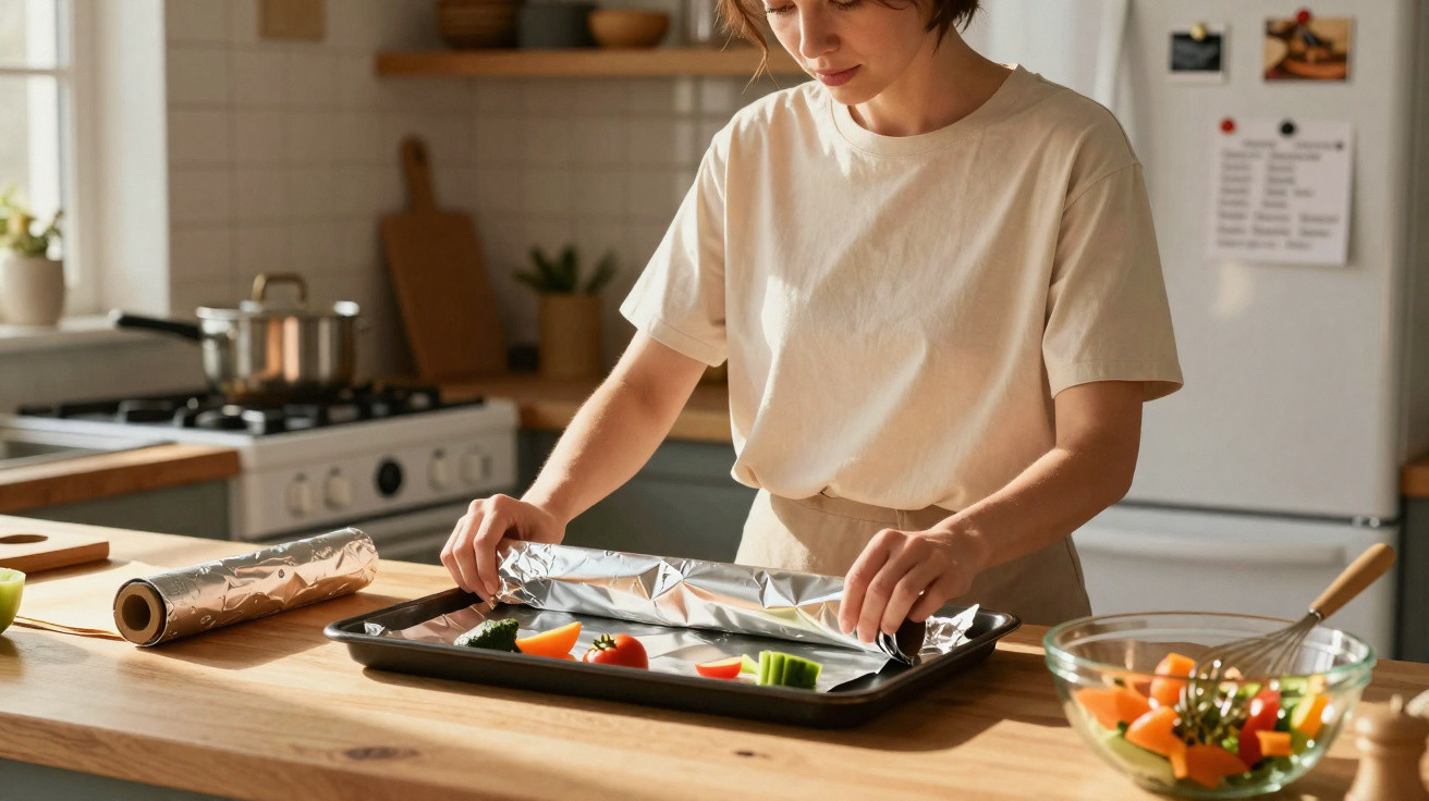 Mulher a preparar legumes numa tabuleiro, colocando papel de alumínio numa cozinha moderna e luminosa.