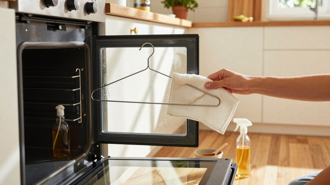 Pessoa a limpar o vidro da porta do forno com um pano branco numa cozinha moderna.