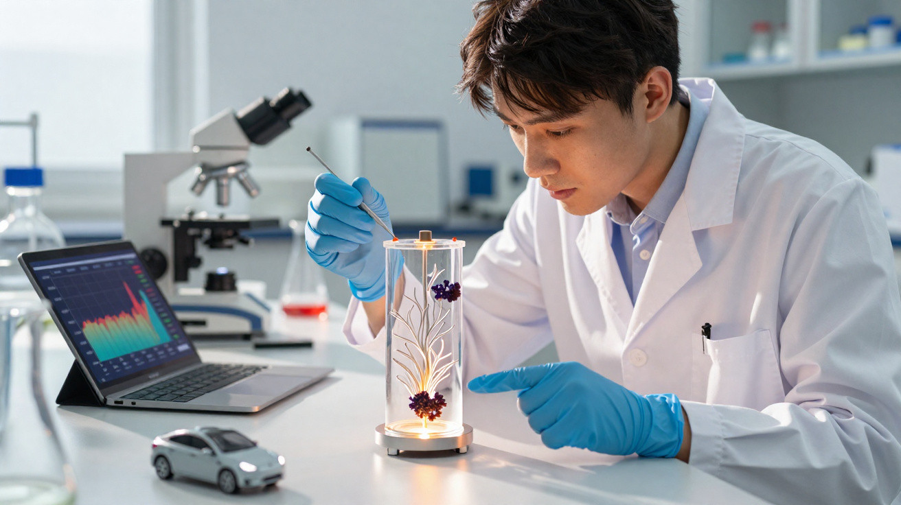 Cientista em laboratório a manipular planta iluminada, com microscopio e computador ao fundo.