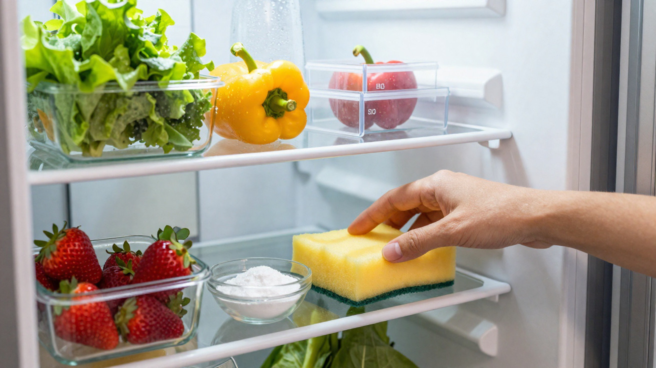 Mão limpa interior do frigorífico com esponja amarela, perto de frutas e legumes frescos organizados nas prateleiras.