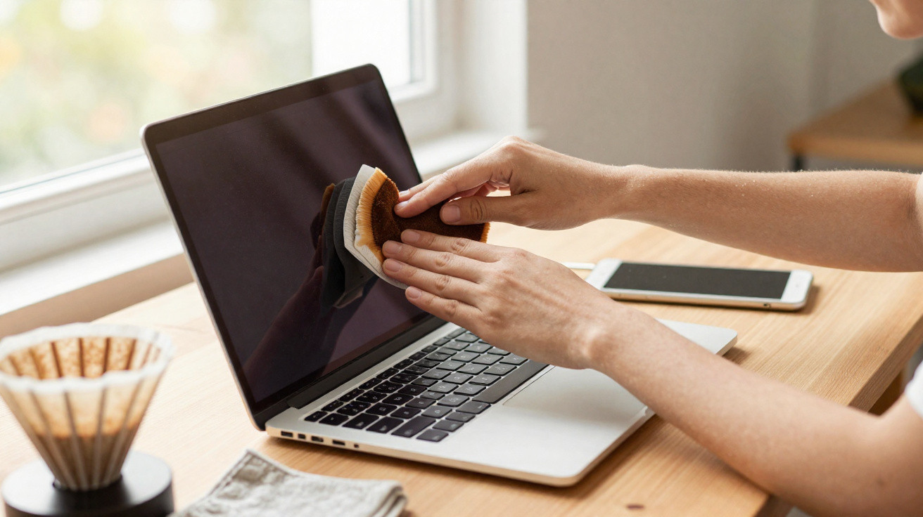 Pessoa a limpar o ecrã de um portátil com um pano de microfibra num ambiente de escritório.