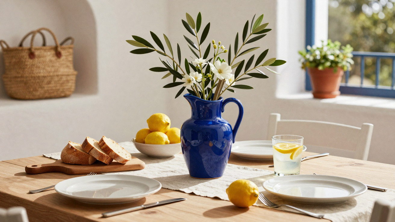 Mesa de madeira posta com pão, limões, jarro azul com flores e copo de limonada junto a janela aberta.