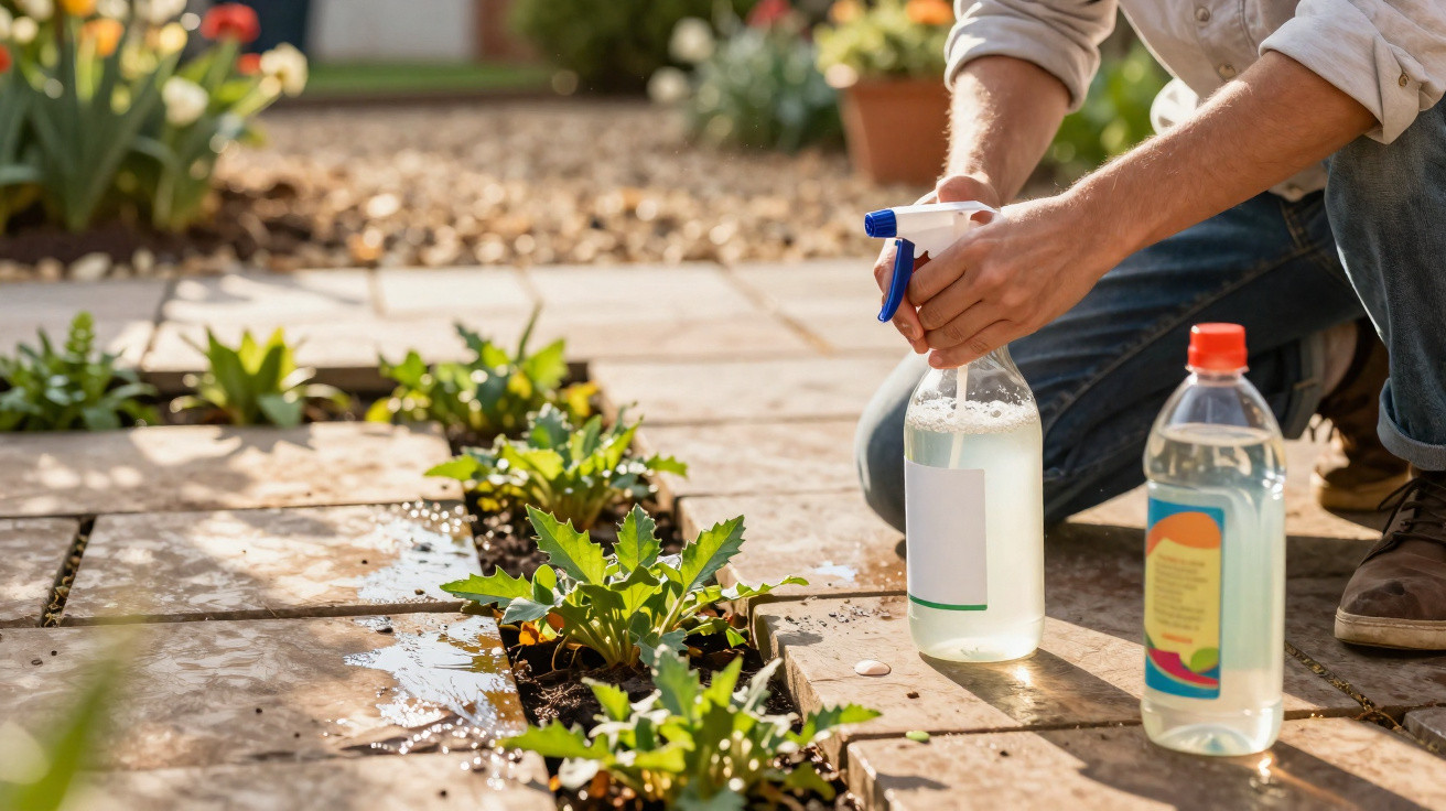 Pessoa a borrifar plantas jovens num jardim entre blocos de pedra, com garrafa de plástico ao lado.