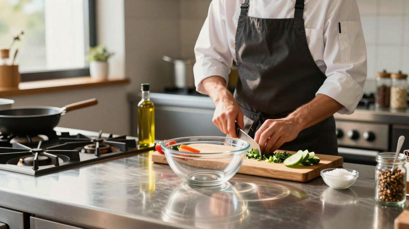 Cozinheiro a cortar legumes numa tábua de madeira numa cozinha moderna com bancada inox.