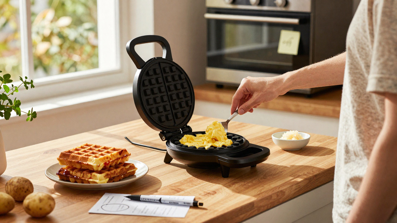 Pessoa a colocar massa numa máquina de waffles numa cozinha iluminada com waffles prontos num prato.