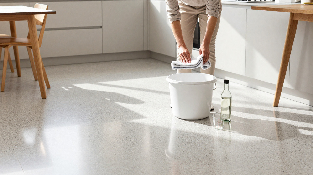 Pessoa a limpar o chão da cozinha com um pano, balde branco e garrafa transparente ao lado.