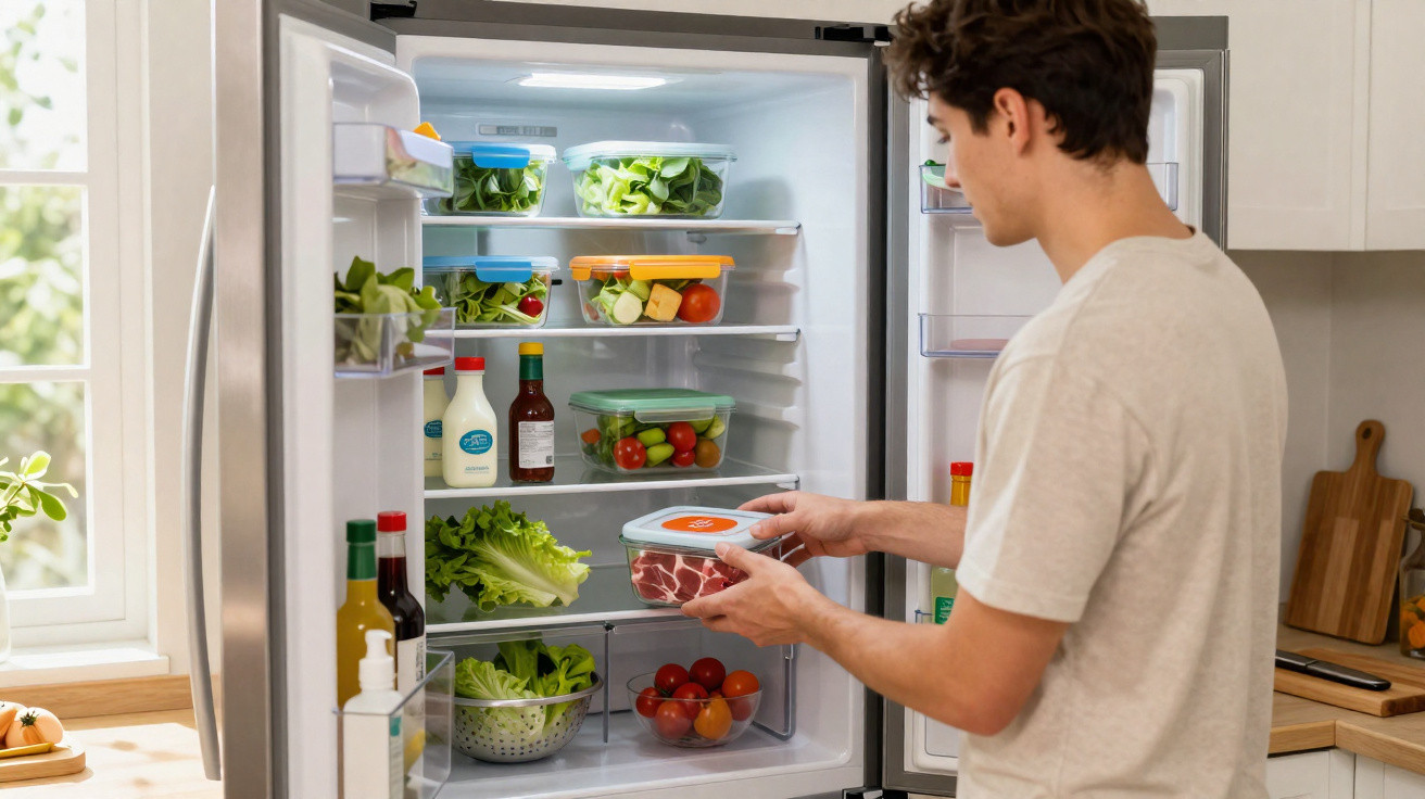 Homem guarda comida fresca em tupperware dentro de frigorífico organizado numa cozinha moderna.
