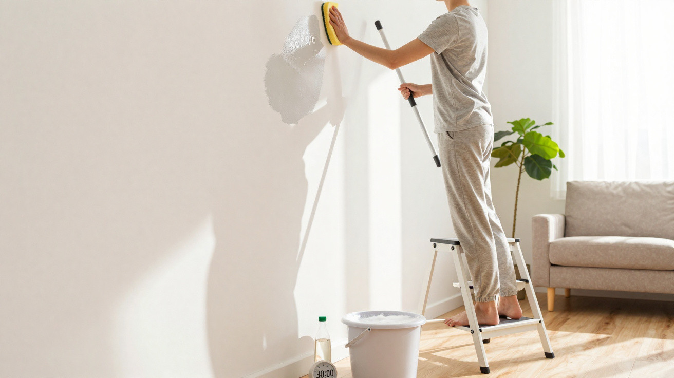 Pessoa limpa uma parede branca com esponja numa sala com sofá, planta e escada pequena.