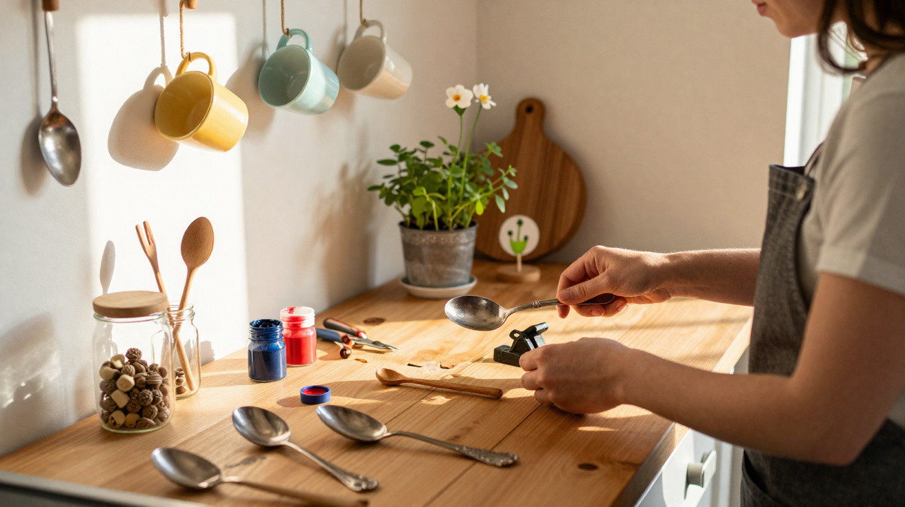 Pessoa a pintar colheres de metal numa cozinha com luz natural e utensílios organizados numa bancada de madeira.